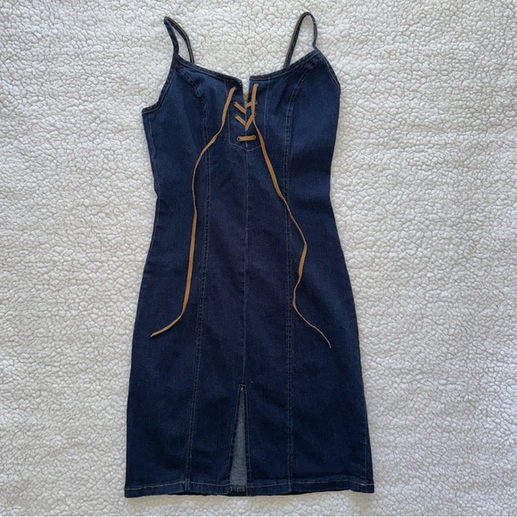 Helium Y2K vintage lace-up stretchy dark denim jean short mini dress front slit - Picture 3 of 11